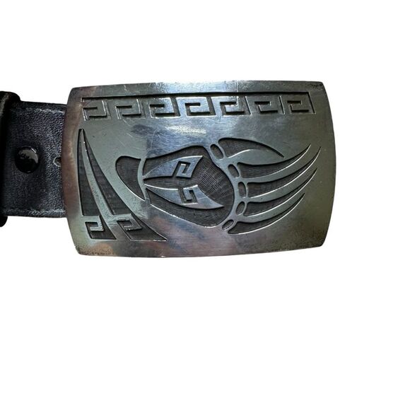 Saufkie Sterling Silver Hopi Belt Buckle Bear Paw Geometric with Black Belt - Picture 2 of 6